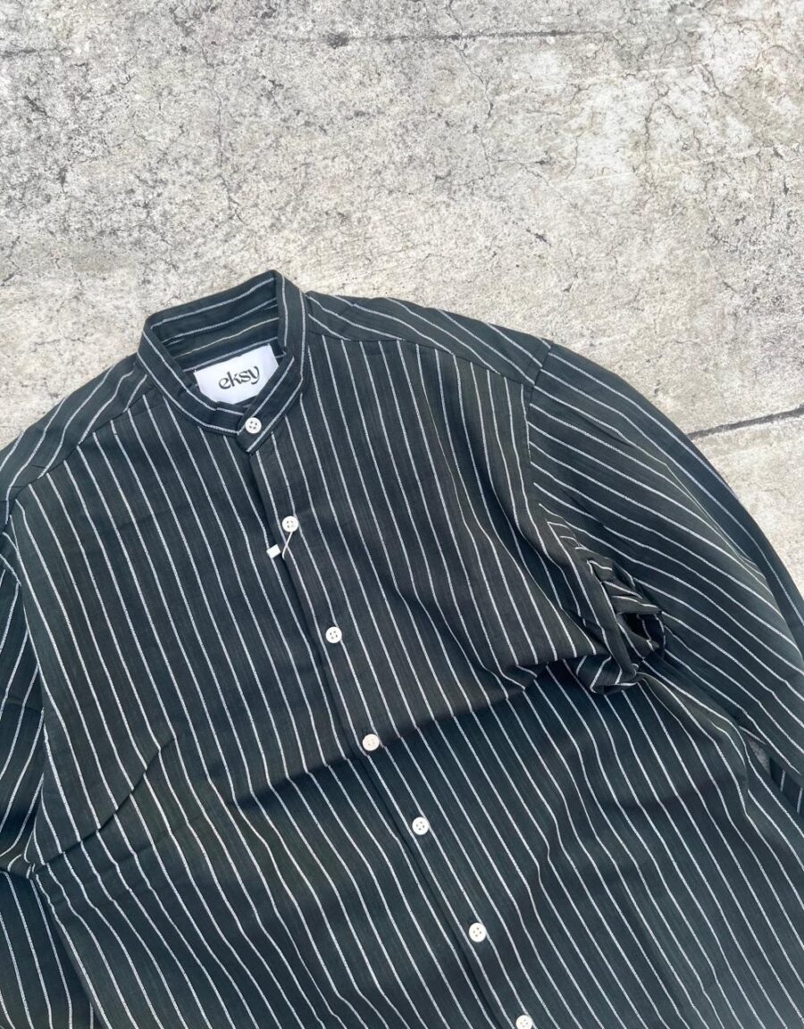 Dark Green Striped Linen Shirt - Image 2